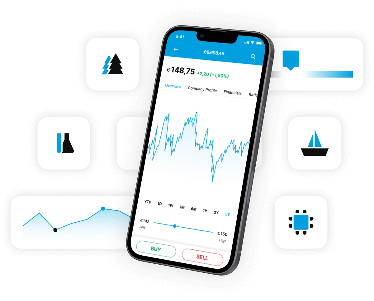 Smartphone che mostra grafico azionario nell'app EXDegiro con pulsanti compra e vendi.