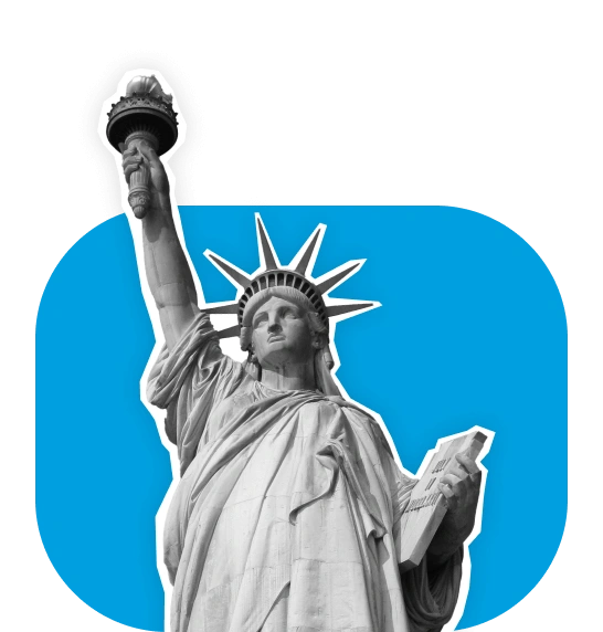 Estatua de la Libertad con antorcha y tablilla sobre fondo azul